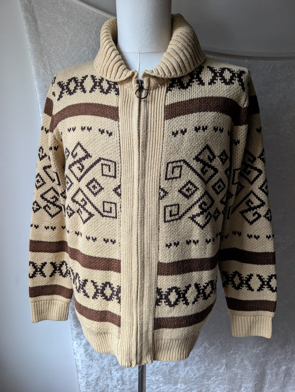 PJ Paul Jones Aztec Western Tan Acrylic Raised Collar Zip Sweater
